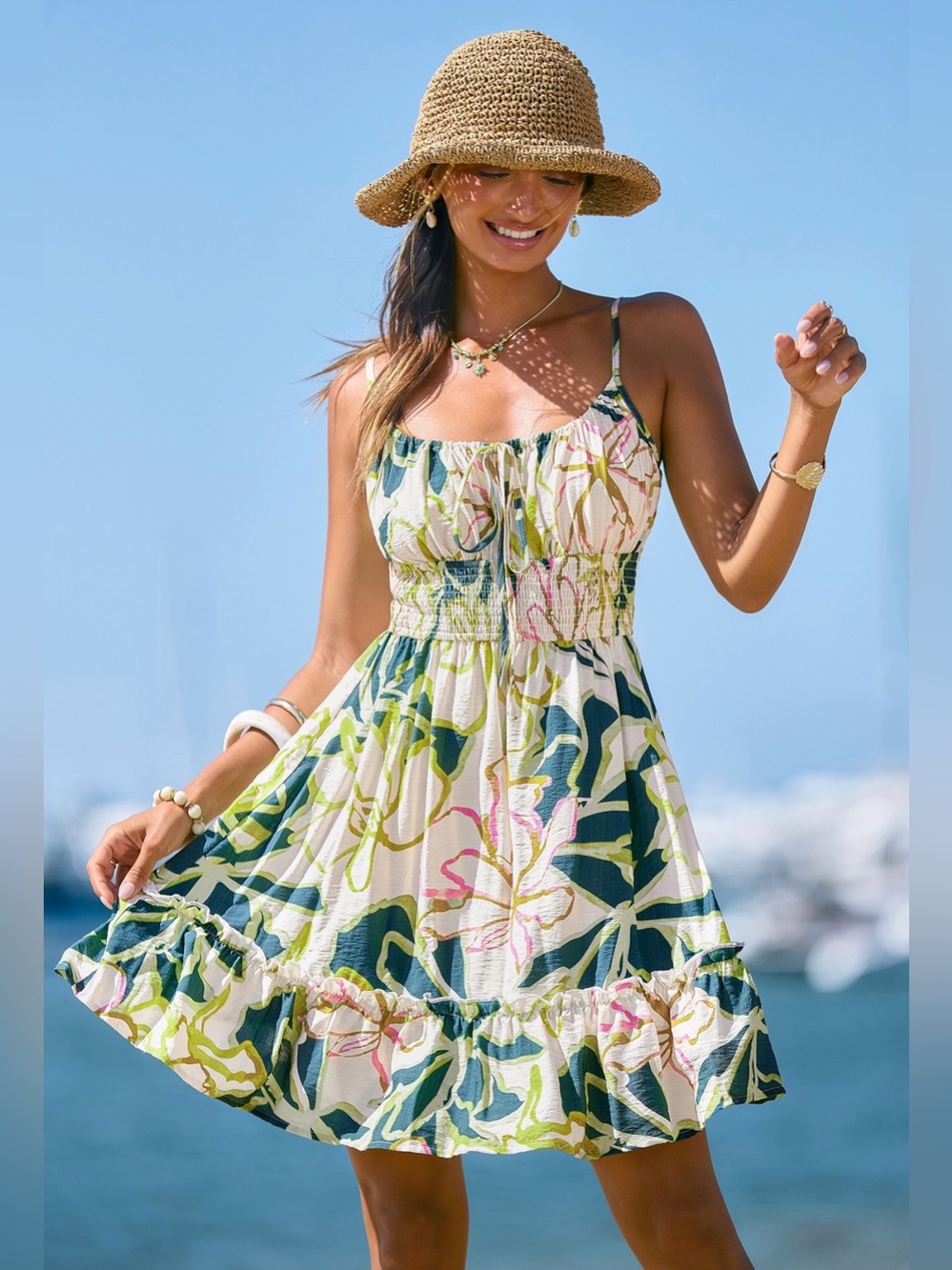White & Green Tropical Floral Spaghetti Strap Ruffle Mini Dress